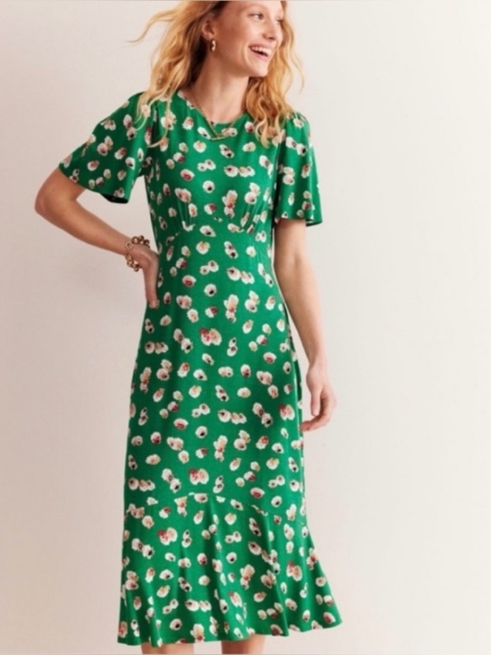 BODEN Midi Dress Ava Jersey Short Sleeve Floral Green 6P Petite - Picture 1 of 7
